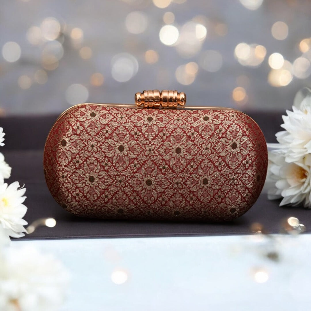 Floral Banarasi Box Clutches- Maroon