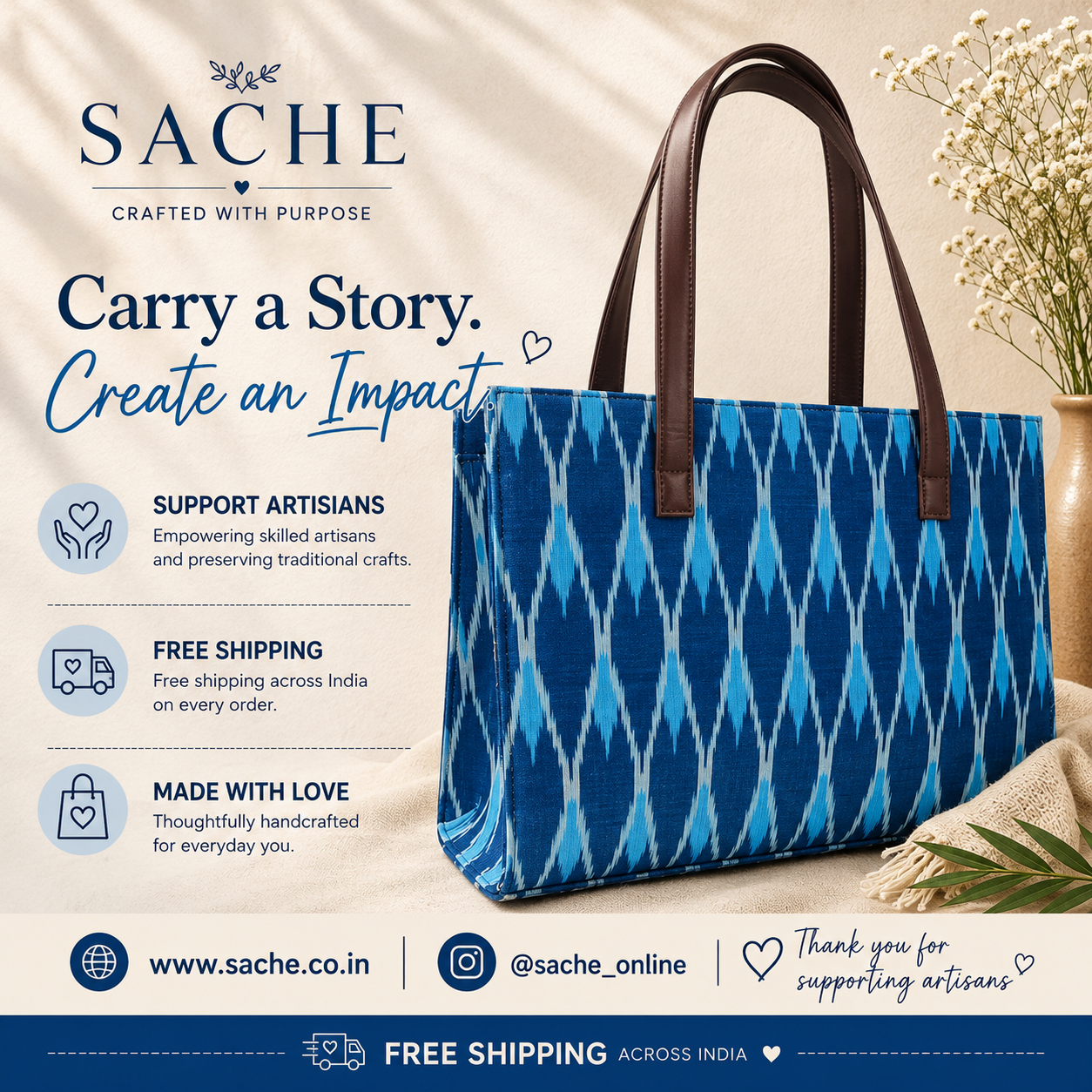 Sache cotton box totes in ikat, block print and floral cotton, handcrafted in India