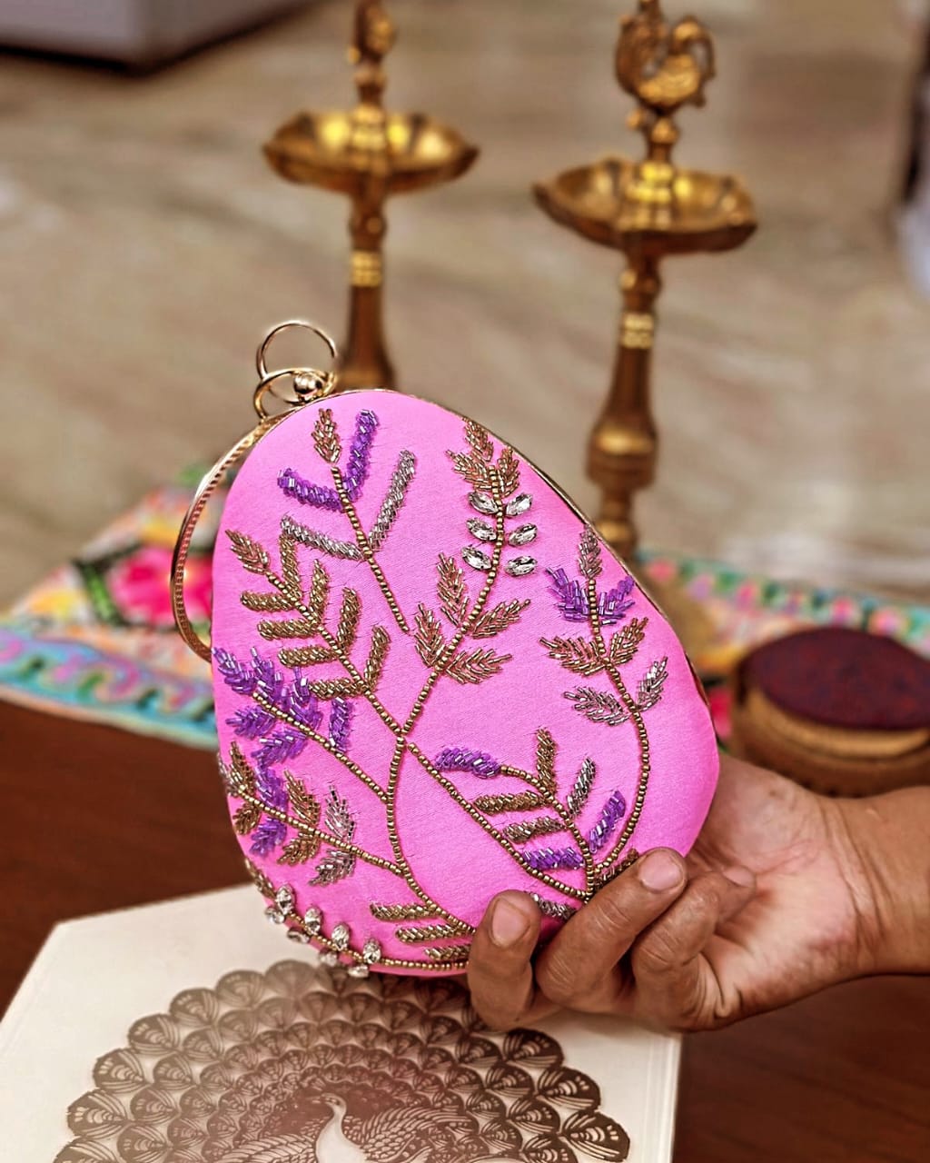 Sache hand embroidered wedding clutch, fern and pearl beaded egg clutch collection