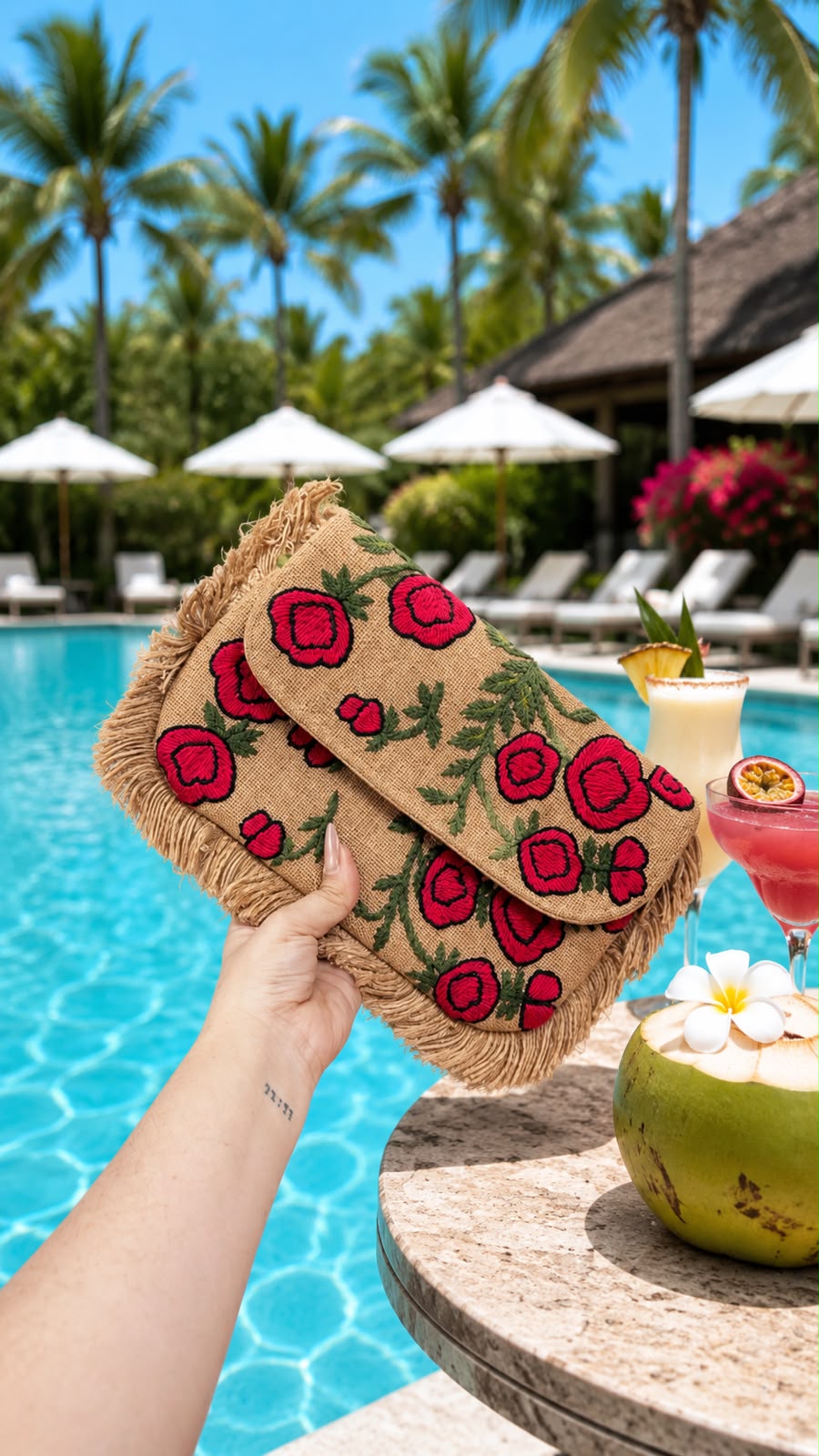 Sache Jute Fringe Clutch collection, hand-embroidered, poolside styled shot