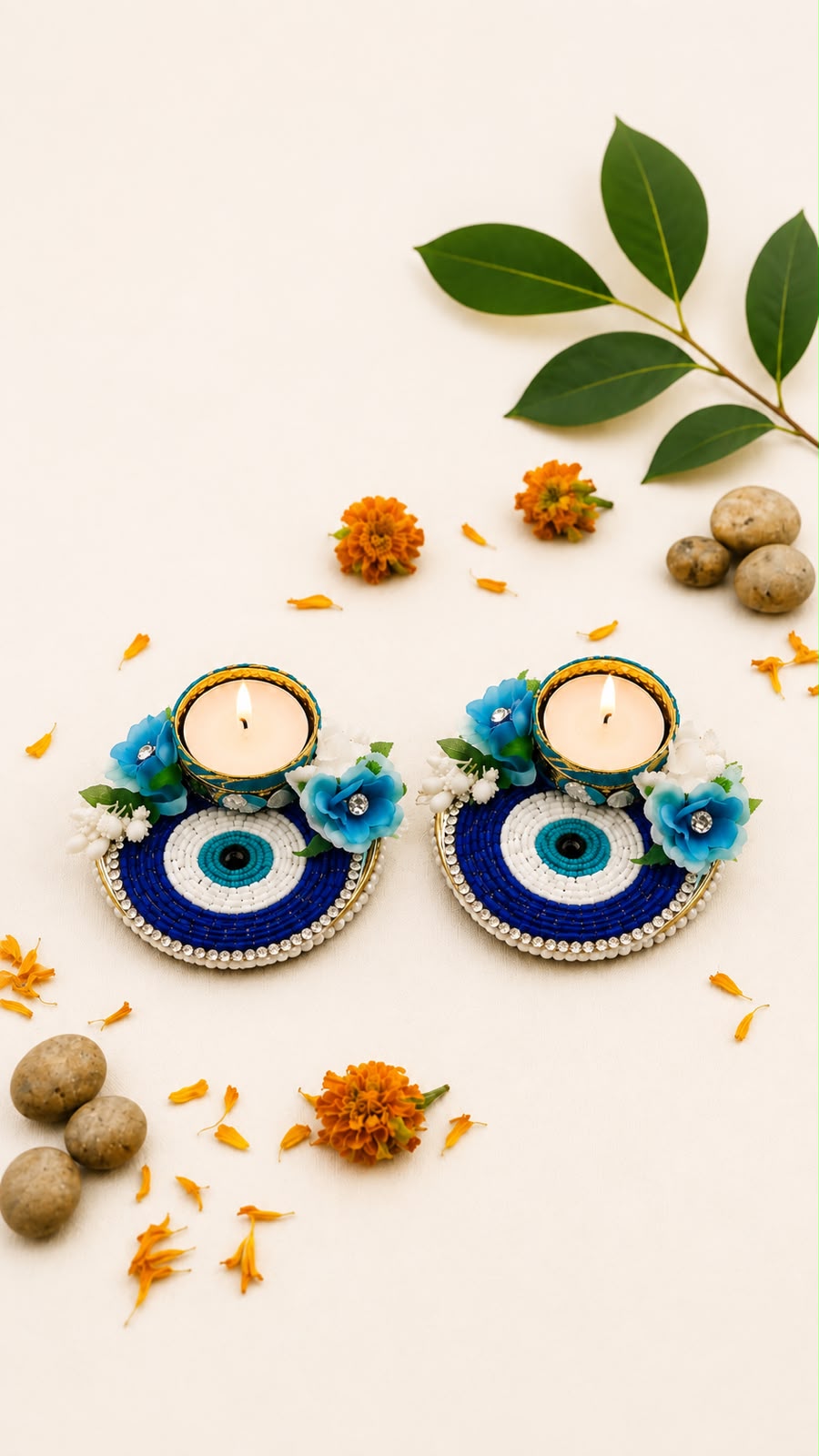 Blue evil eye nazar beaded tealight candle holders, festive Diwali home decor by Sache