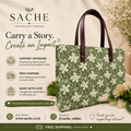 Sage green cotton box tote with ivory floral print, handcrafted everyday tote by Sache