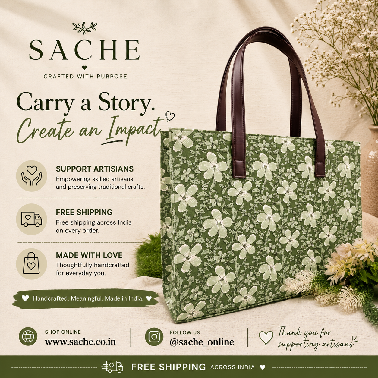 Sage green cotton box tote with ivory floral print, handcrafted everyday tote by Sache
