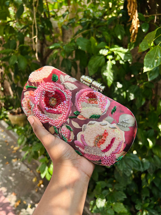 ROSE MOTIF EMBROIDERED CLUTCH BAG