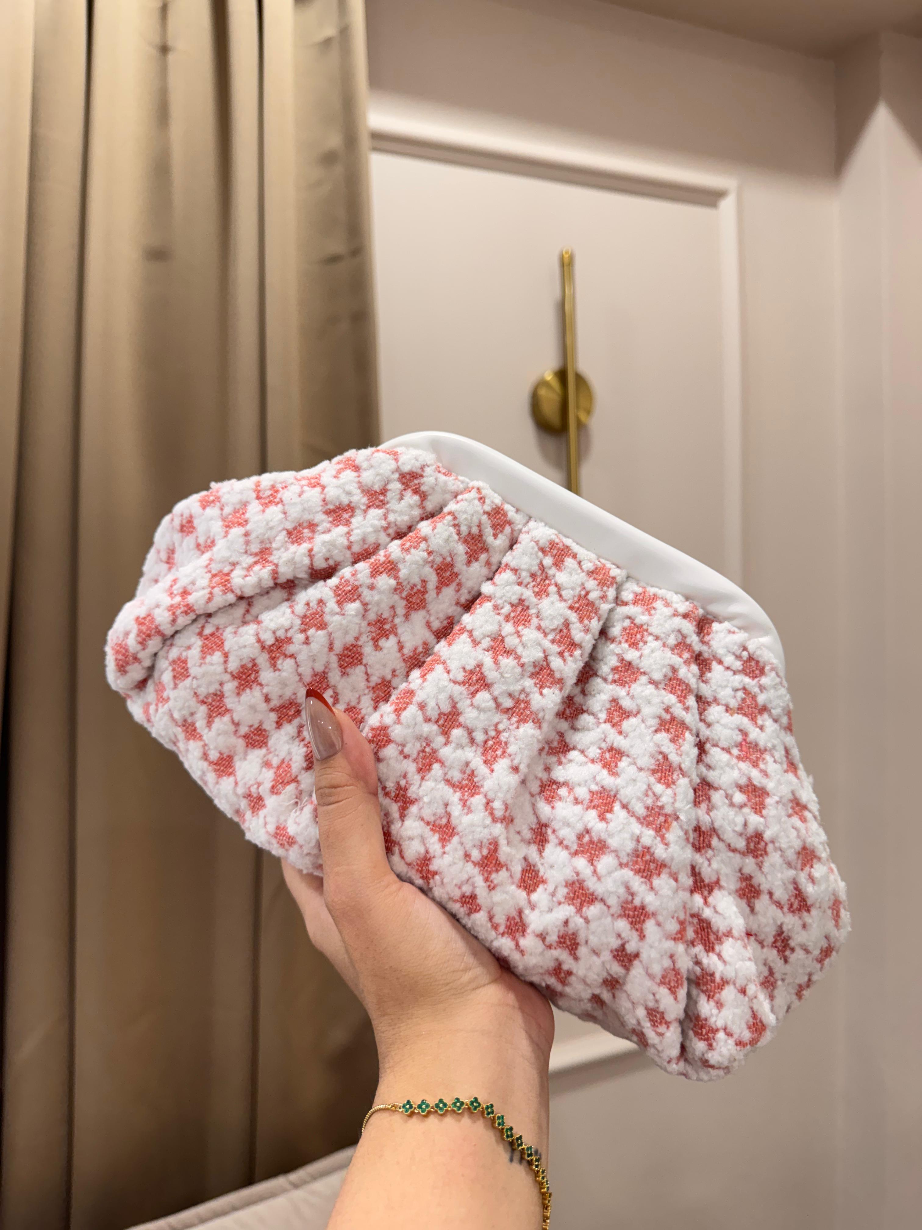 Women's Pink Houndstooth Tweed Clutch Bag | Ruched Cloud Pouch Purse | Bouclé Evening Clutch | Party & Wedding Handbag