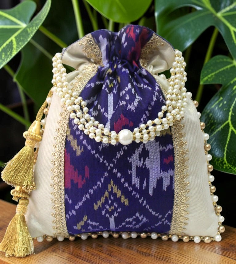 Patola Ikat & Tissue Silk Potli Bag – Navy Blue | Handcrafted with Pearl Handle & Gold Tassels