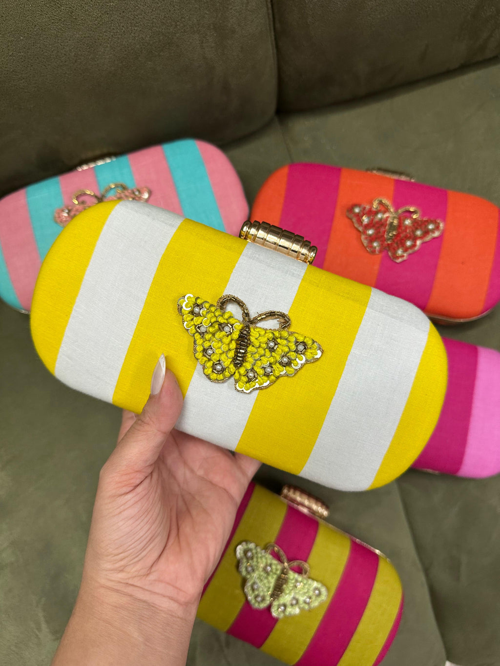Yellow & White Striped Butterfly Embellished Silk Box Clutch – Designer Ethnic Wedding & Festive Handbag