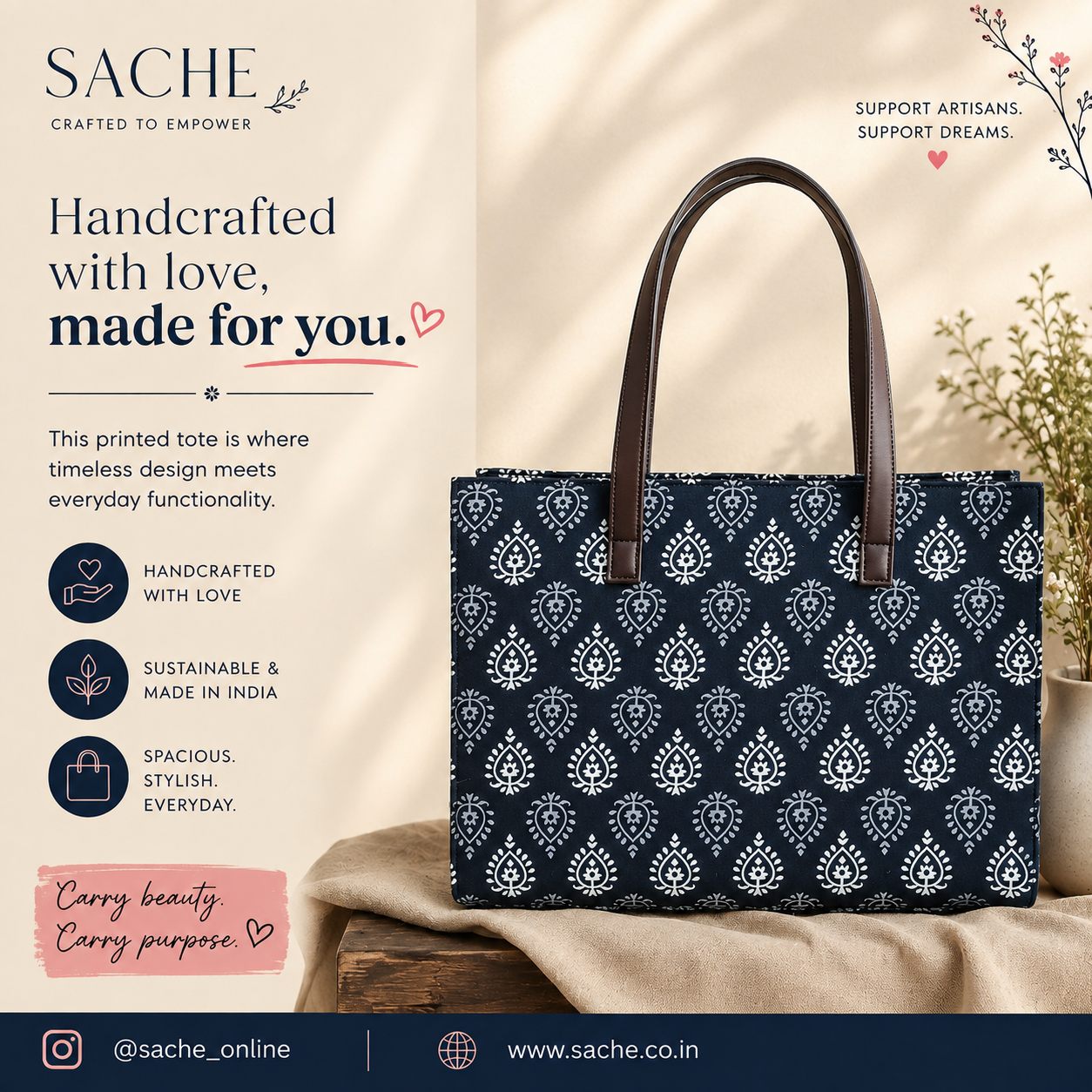 Sache Navy Buti Block Print Cotton Box Tote Bag
