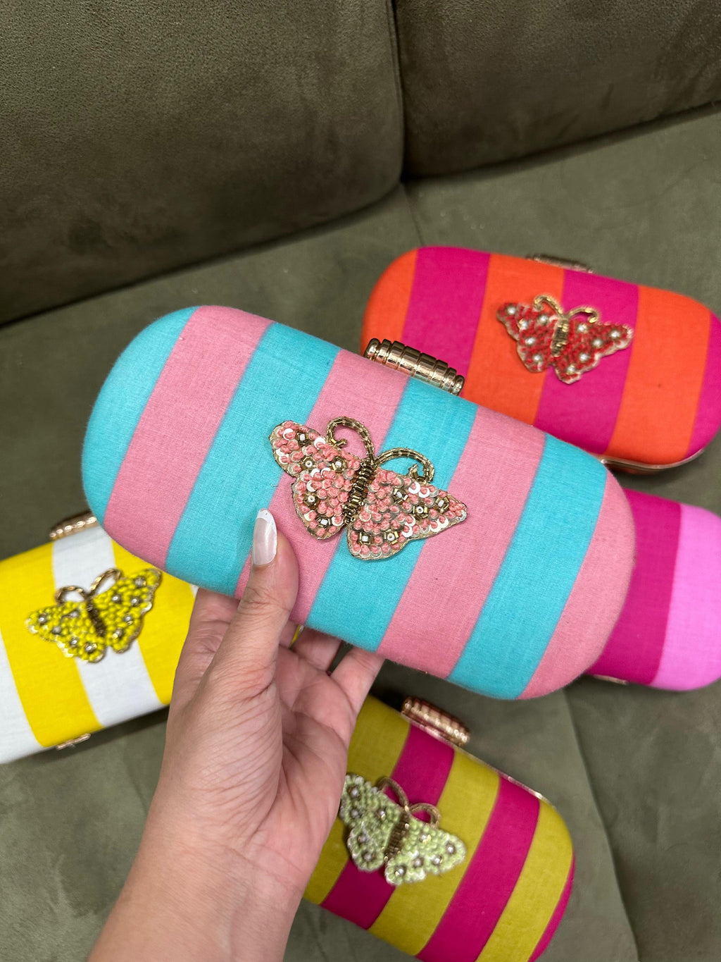 Multicolor Striped Butterfly Embellished Silk Box Clutch – Luxury Ethnic Wedding & Festive Handbag
