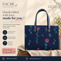 Sache Blue Handprinted Floral Cotton Box Tote Bag
