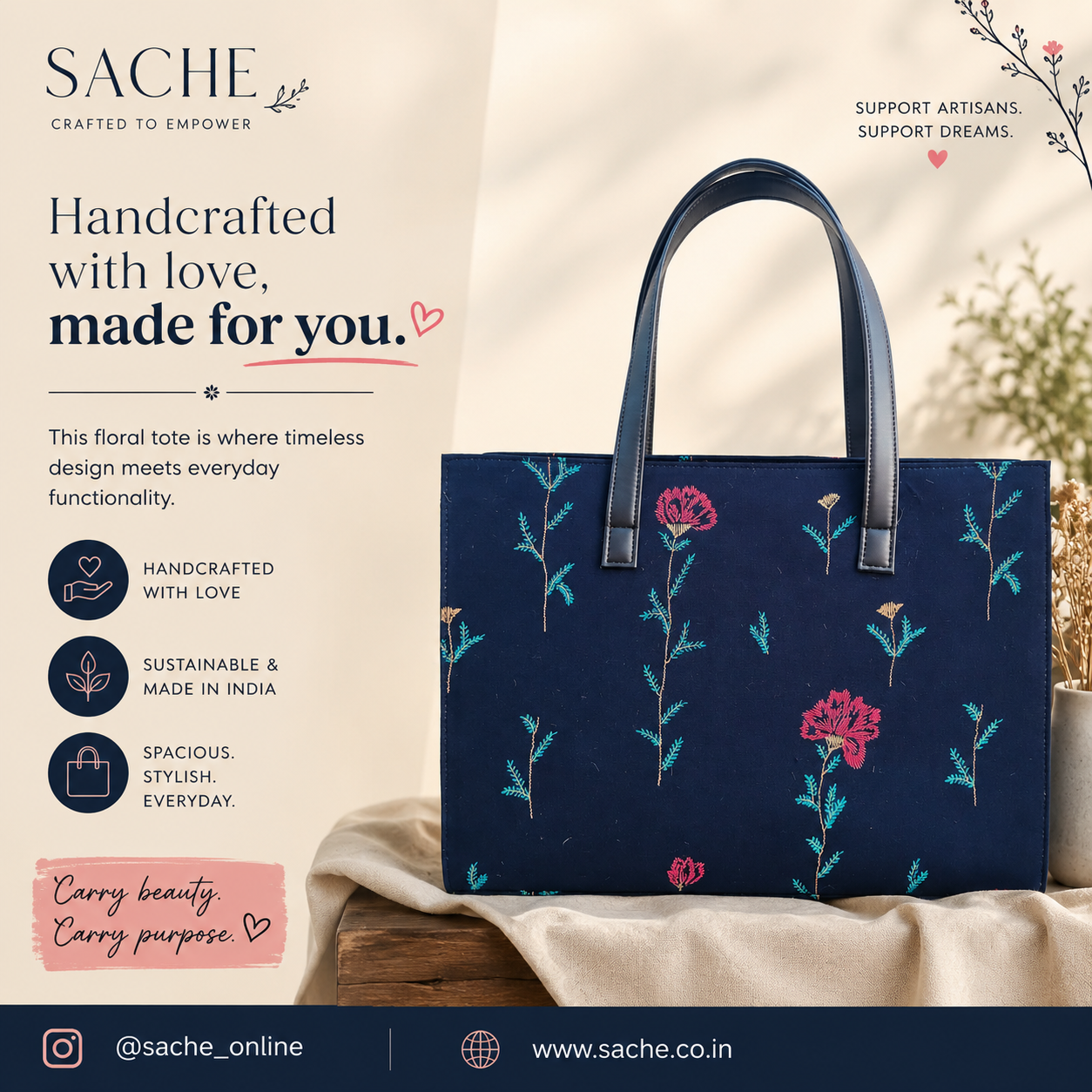 Sache Blue Handprinted Floral Cotton Box Tote Bag