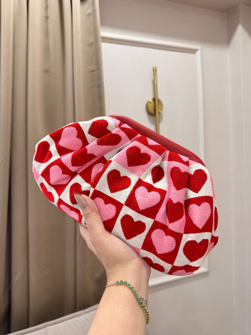 Red and pink hearts knitted cosmetic pouch makeup bag for women by Sache