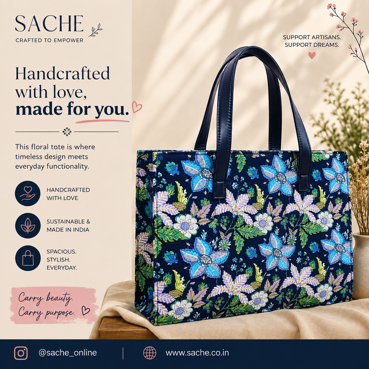 Sache Navy and Red Block Print Cotton Box Tote Bag