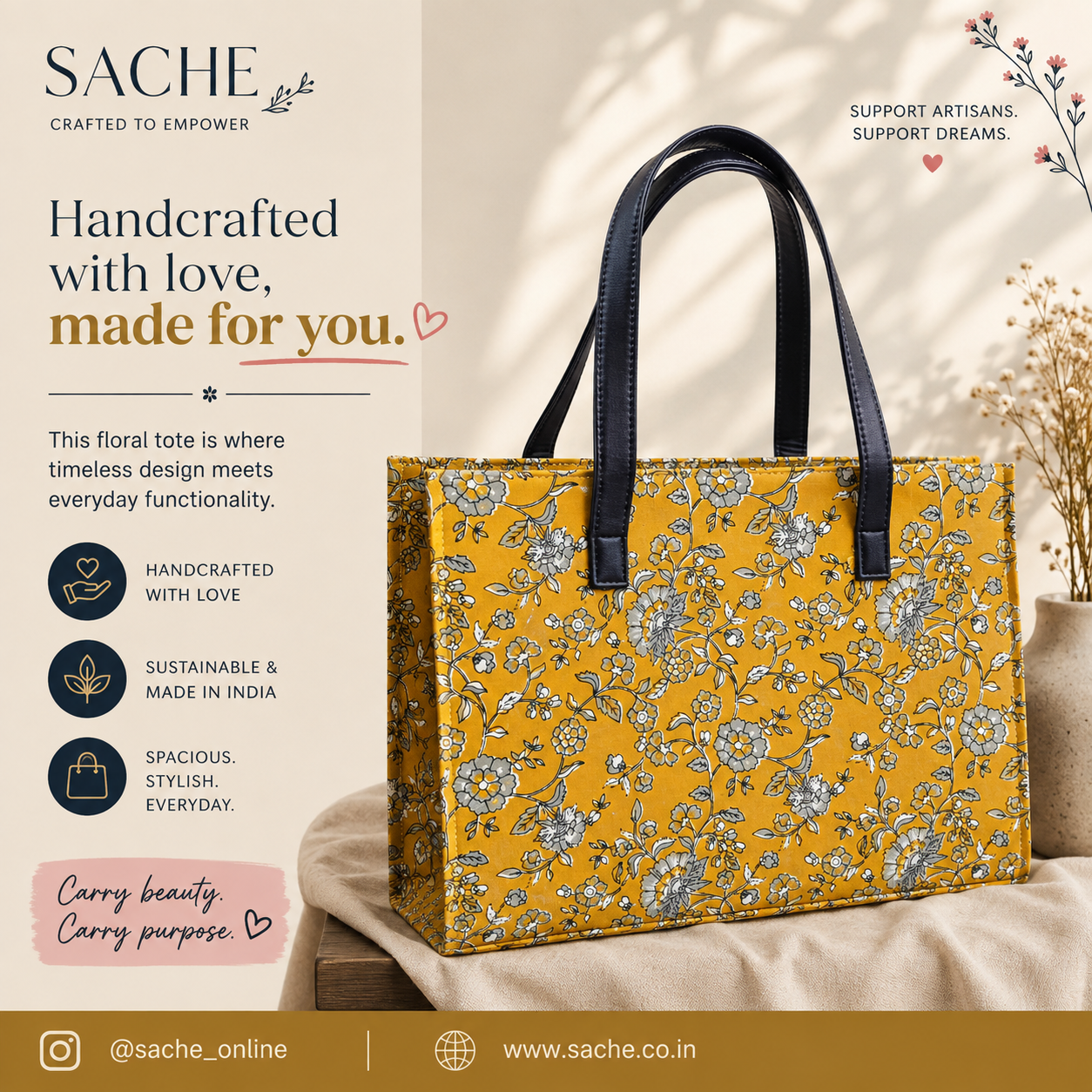 Sache Yellow Ikat Cotton Box Tote Bag