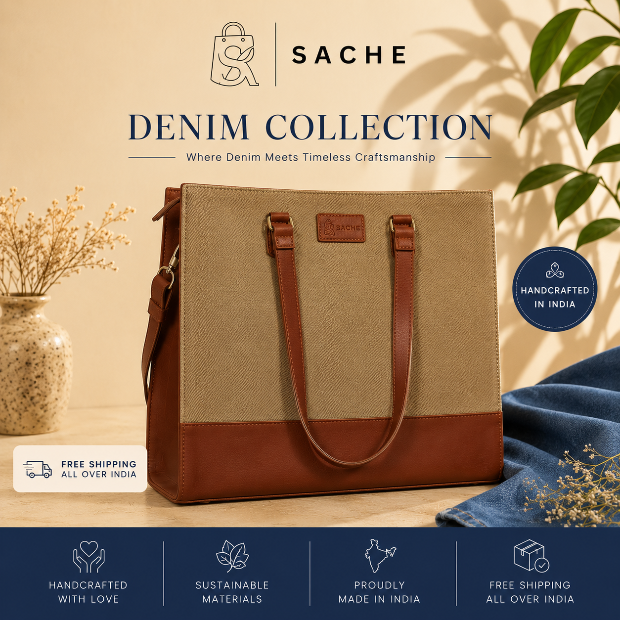 Sache Canvas Charcoal & Tan Office Tote Bag for Women Green