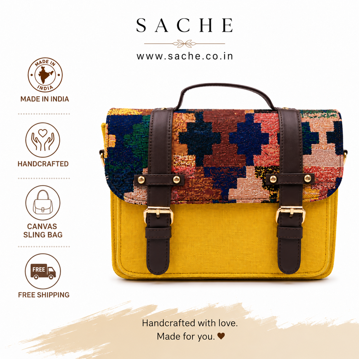 Sache Mustard Kilim Weave Mini Satchel – Handwoven Crossbody Bag