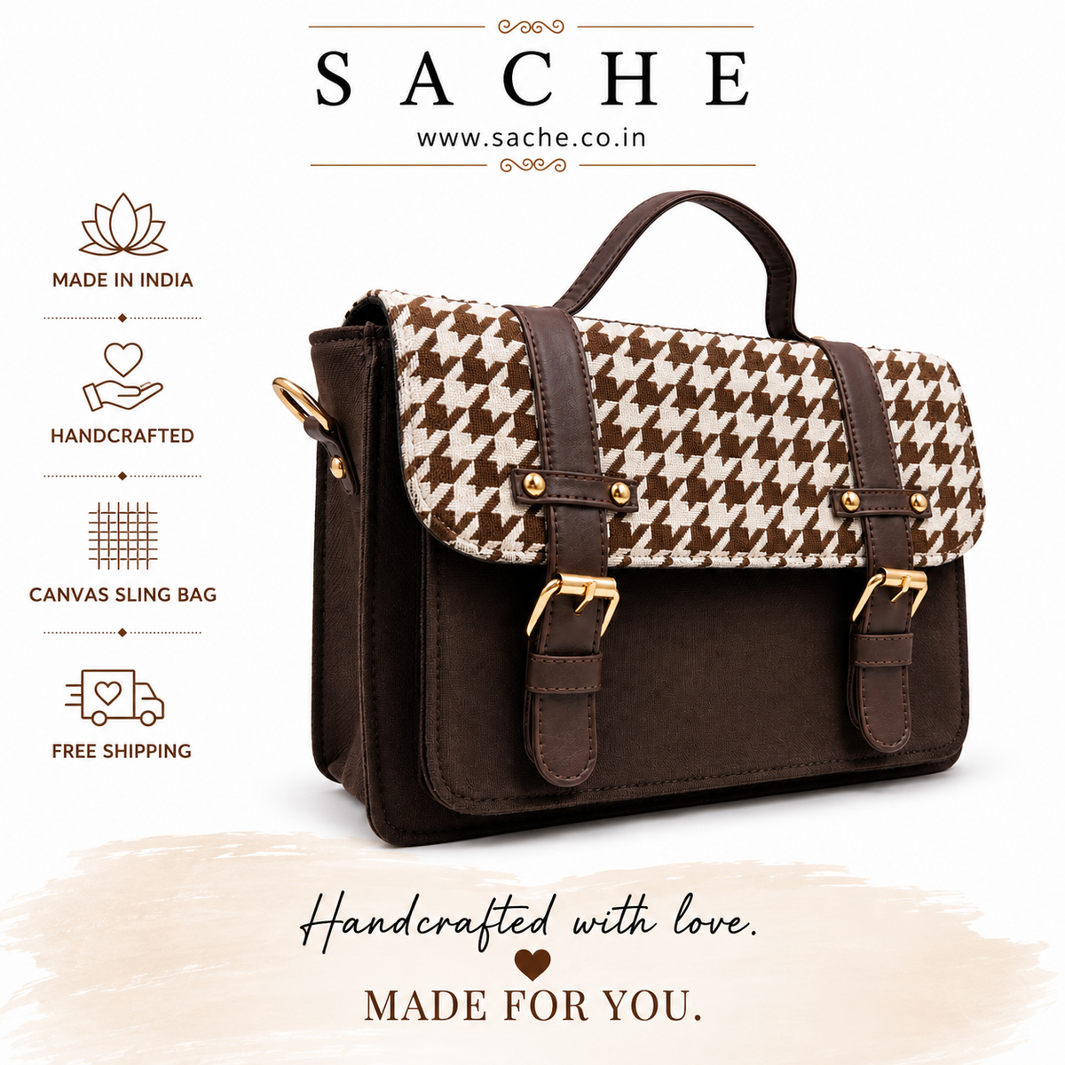 Sache Brown Houndstooth Mini Satchel – Handwoven Crossbody Bag
