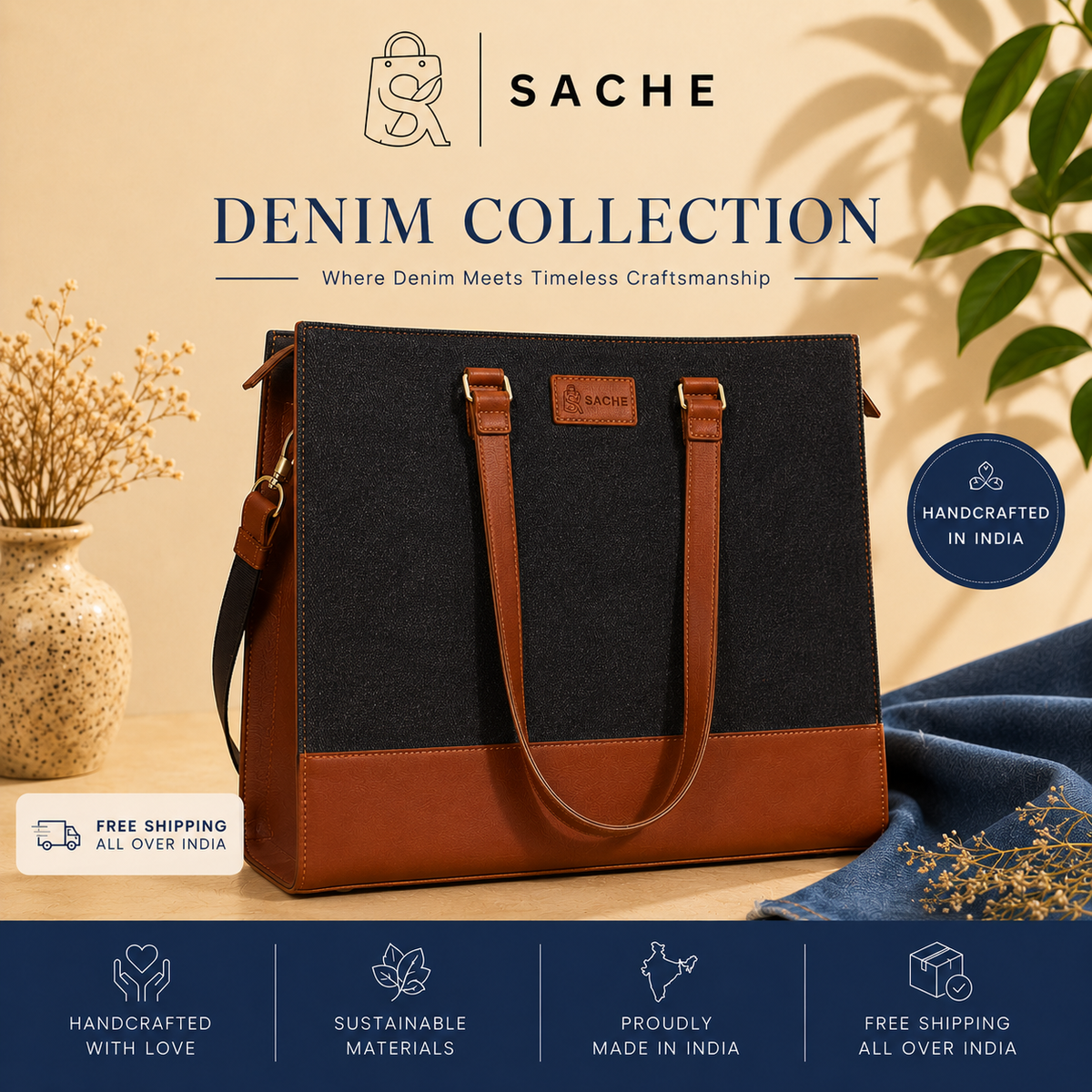 Sache Denim Office Tote Bag for Women