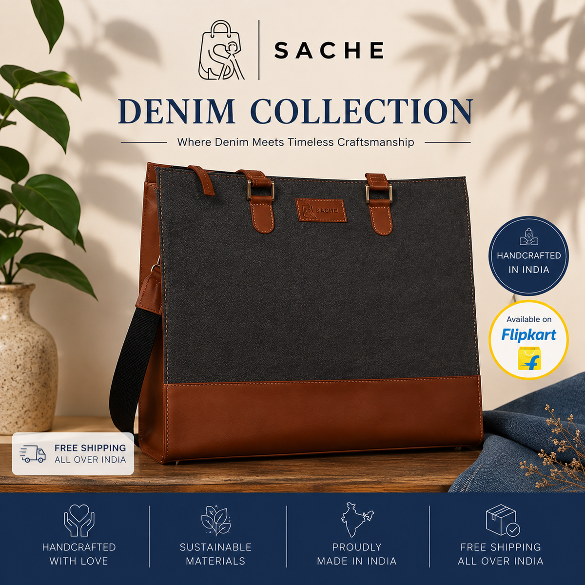 Sache Canvas Charcoal & Tan Office Tote Bag for Women