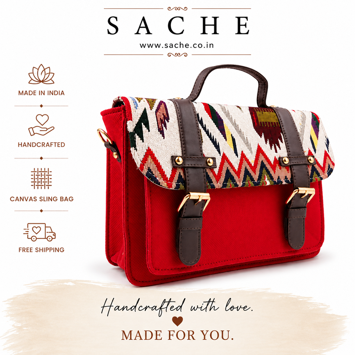 Sache Red Ikat Flap Mini Satchel – Handwoven Crossbody Bag