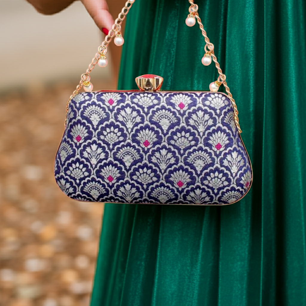 Banarasi Handcrafted Clutch – Elegant Festive Statement | Blue