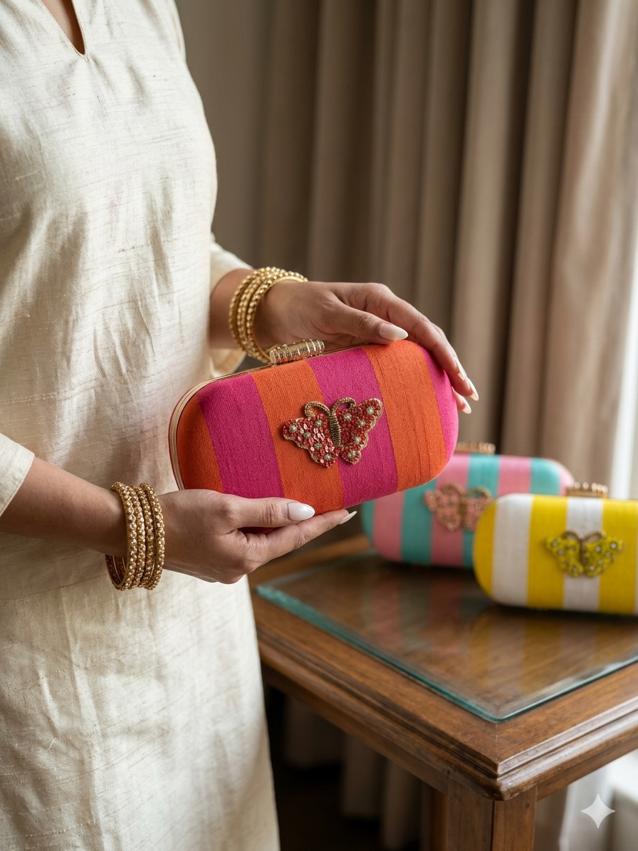 Pink & Orange Striped Butterfly Embellished Silk Box Clutch – Designer Festive & Wedding Party Handbag