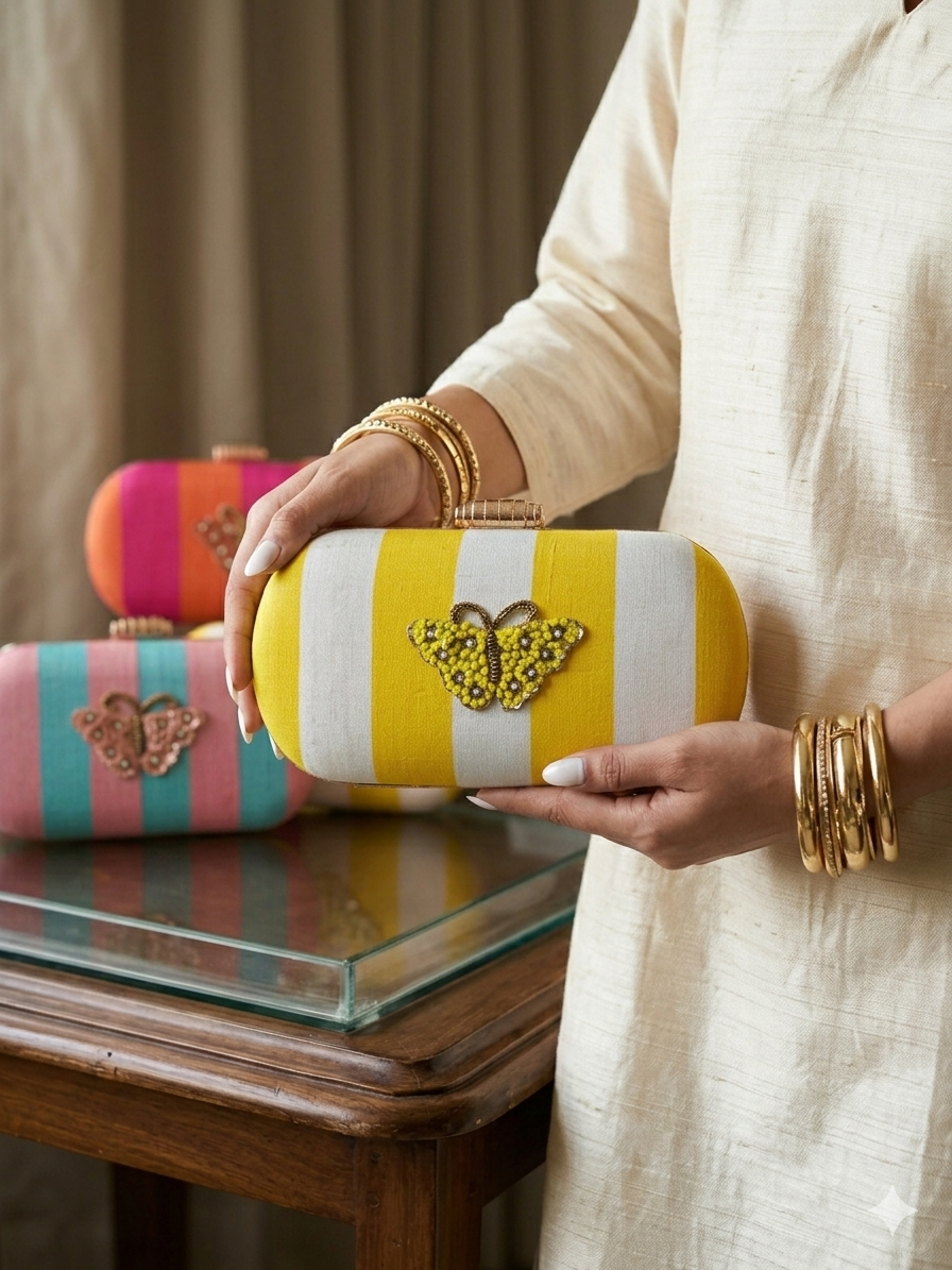 Yellow & White Striped Butterfly Embellished Silk Box Clutch – Designer Ethnic Wedding & Festive Handbag