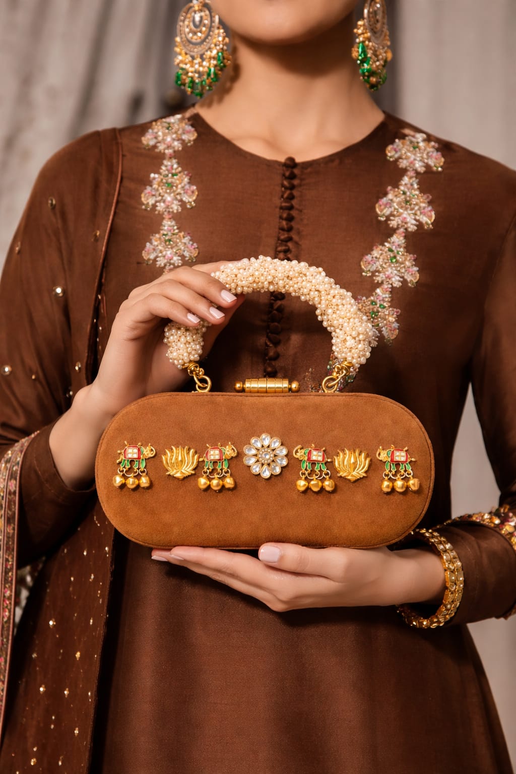 Buy Designer Box Clutches For Women Online 2026-  Suede base with kundan embellished Box Clutches (Copy)