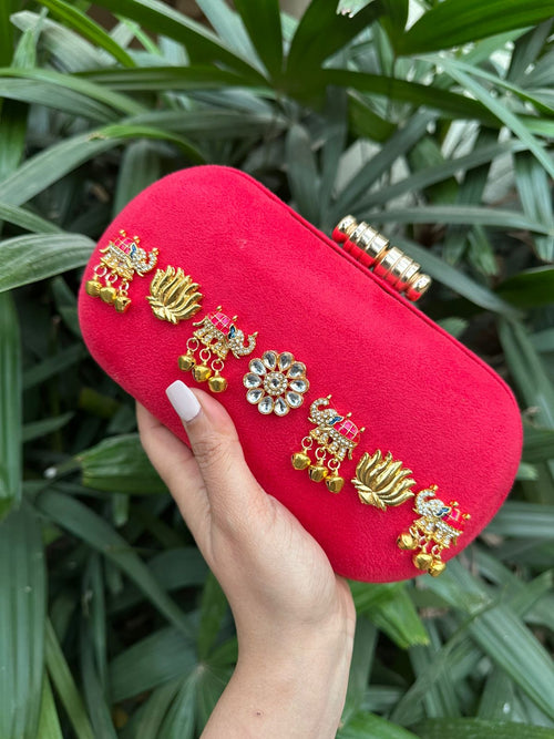 Buy Designer Box Clutches For Women Online 2026-  Suede base with kundan embellished Box Clutches