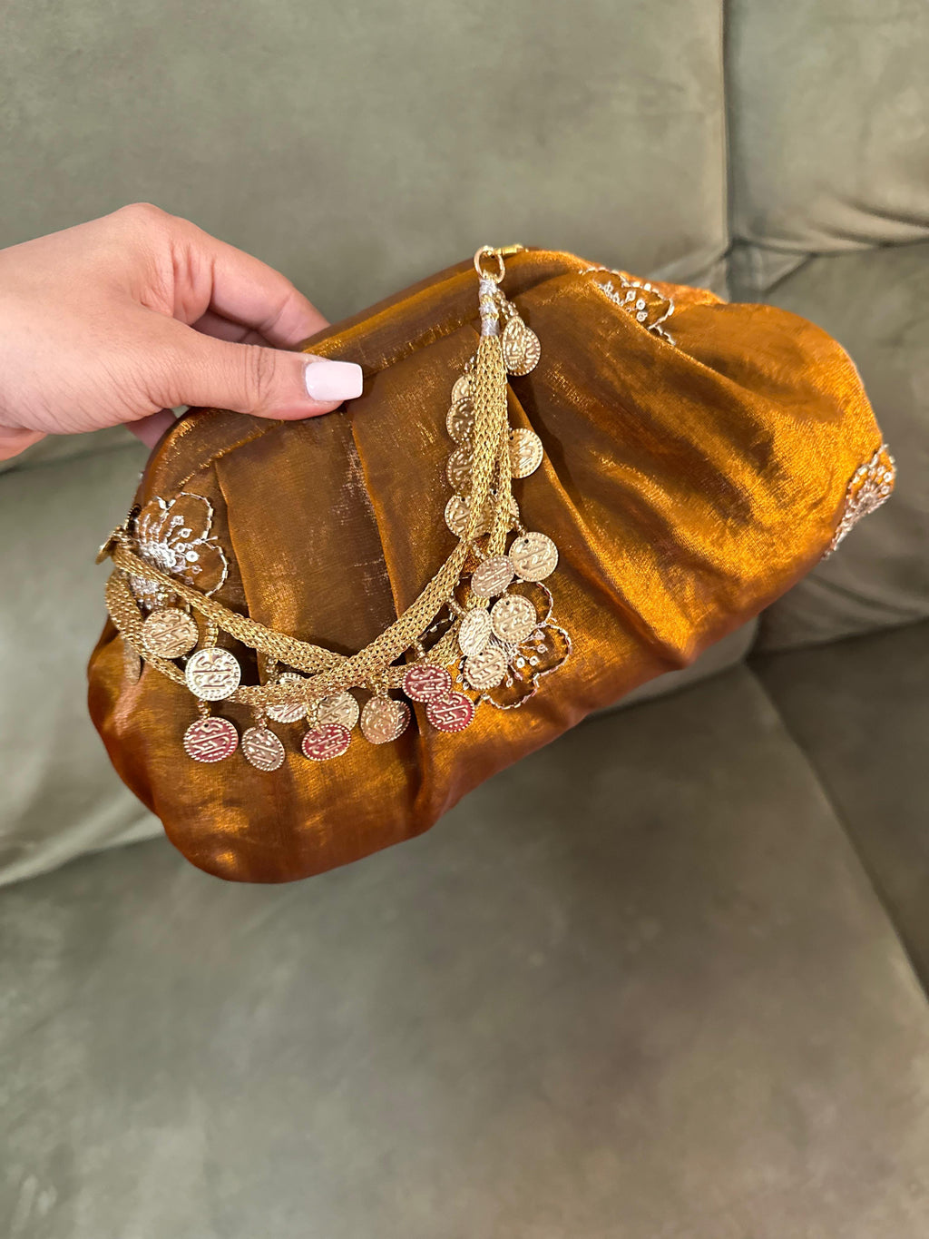 Organza Zari Floral Batua Clutch Bag – Burnt Gold | Ethnic Potli Purse