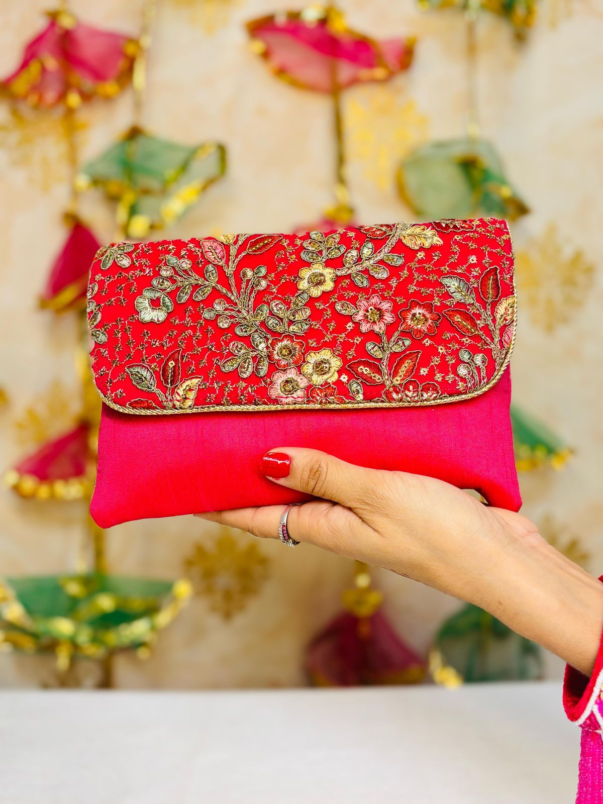 Red Hand Embroidered Clutch Bag – Zari & Gold Sequin Work