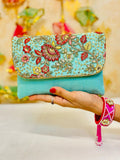 Aqua Blue Hand Embroidered Clutch Bag – Zari & Sequin Work