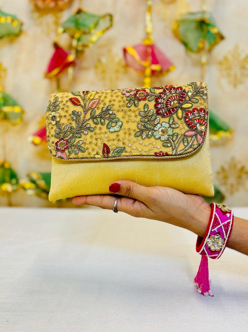 Sache Aira yellow hand embroidered box clutch with zari and sequin work
