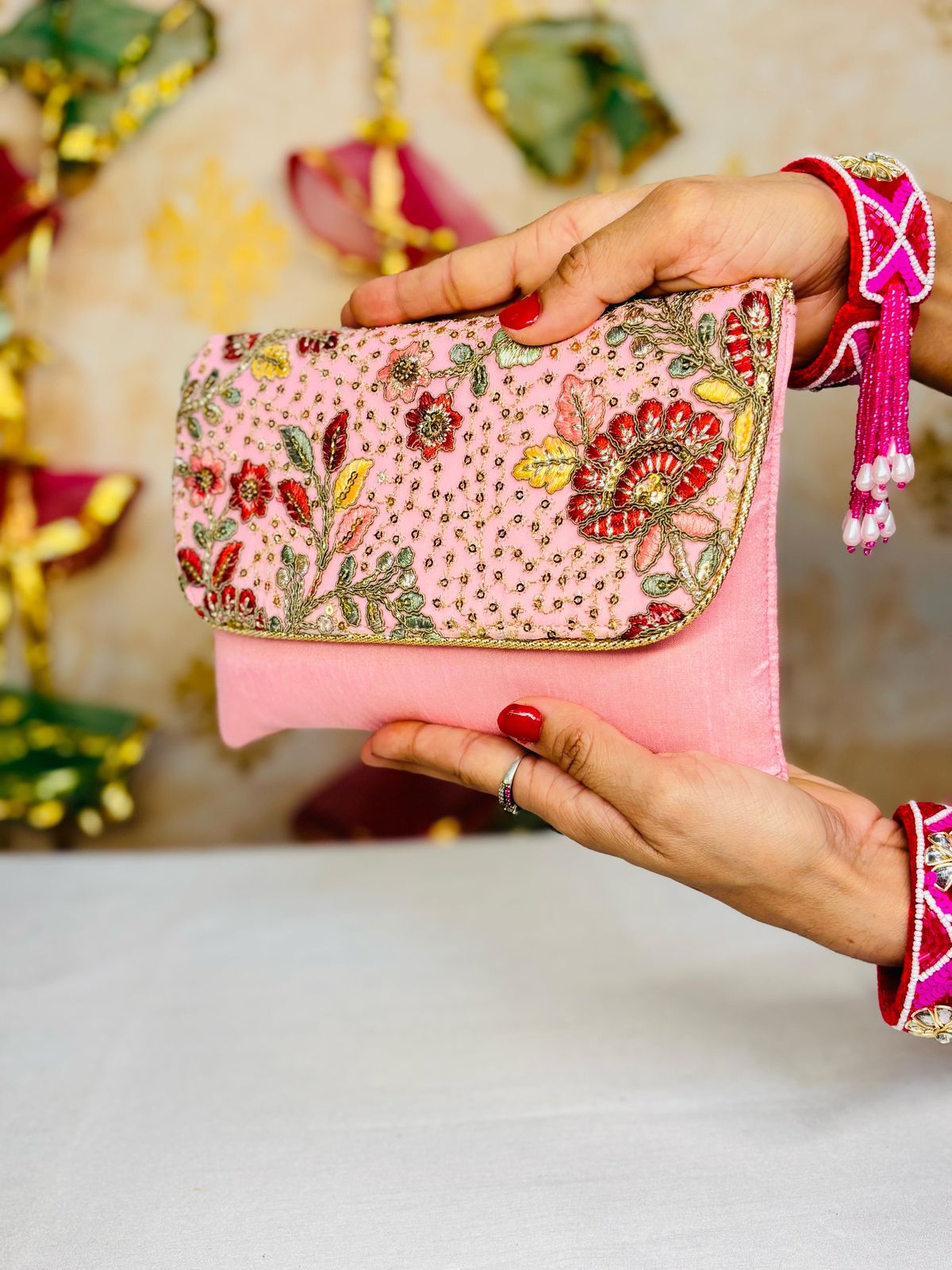 Baby Pink Hand Embroidered Clutch Bag – Zari & Sequin Work