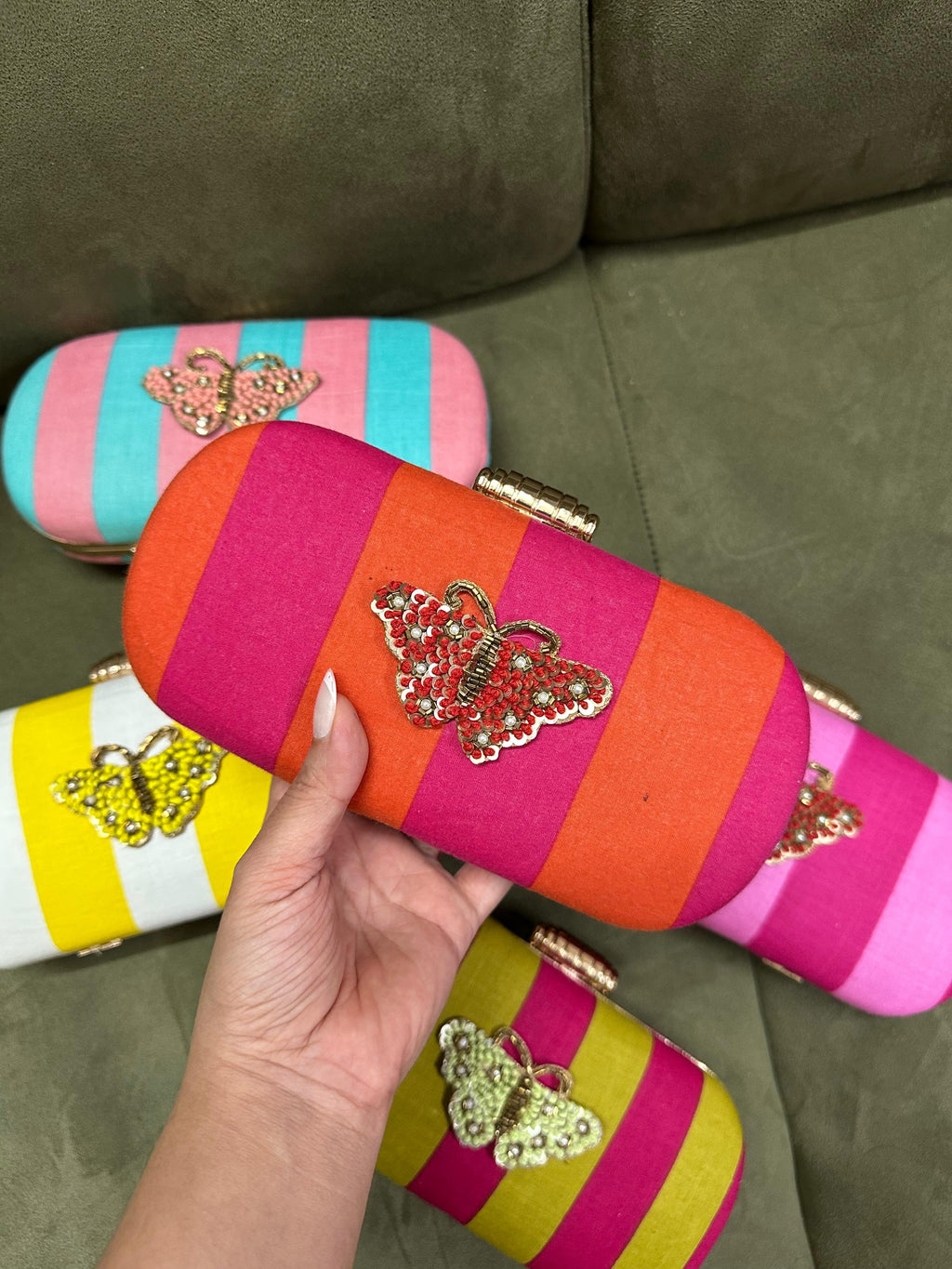 Pink & Orange Striped Butterfly Embellished Silk Box Clutch – Designer Festive & Wedding Party Handbag