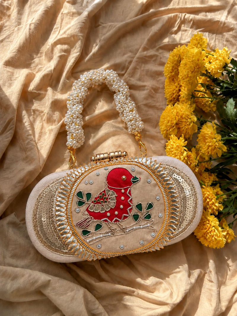 Ivory Bird Embroidered Oval Clutch Bag with Pearl Handle