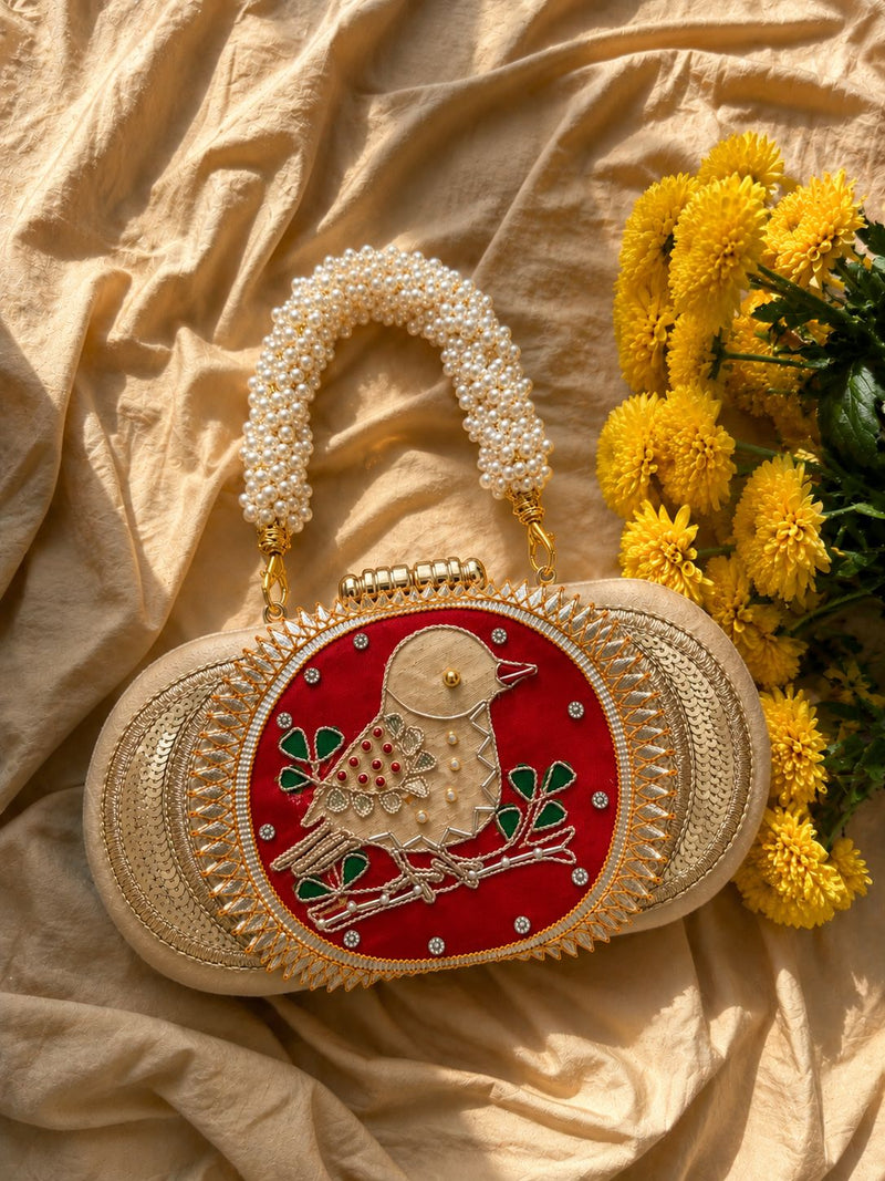 Red Bird Embroidered Oval Clutch Bag with Pearl Handle