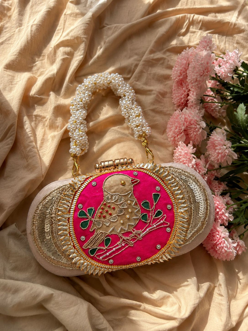 Pink Bird Embroidered Oval Clutch Bag with Pearl Handle