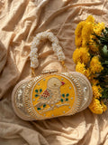 Yellow Bagh-e-Bulbul embroidered clutch bag with pearl beaded handle, evening purse
