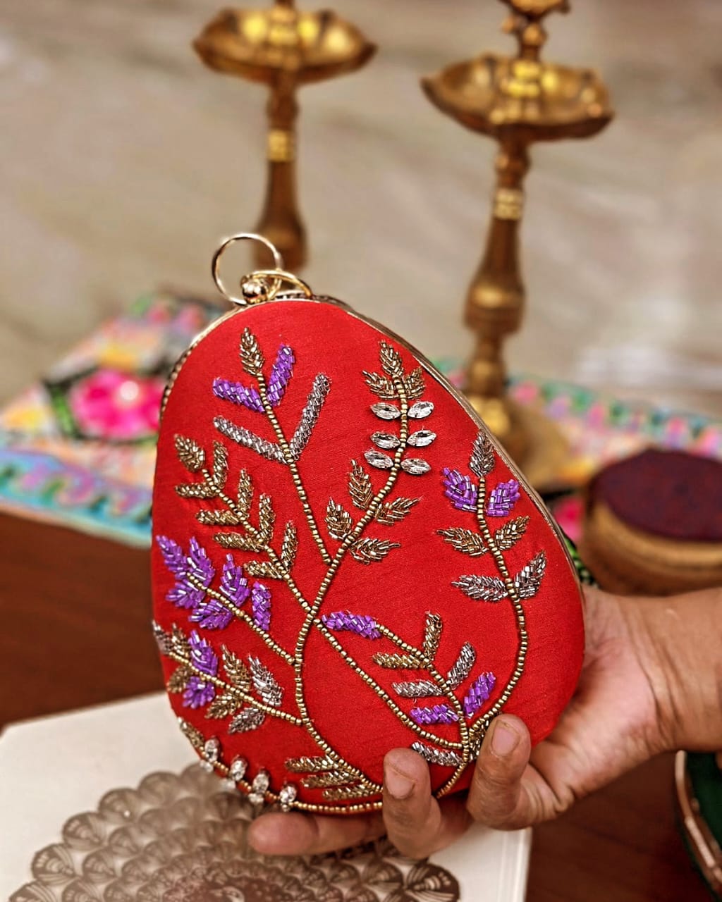 Red fern embroidered egg clutch with gold bangle handle, wedding evening bag