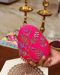 Magenta fern embroidered egg clutch with gold bangle handle, wedding evening bag