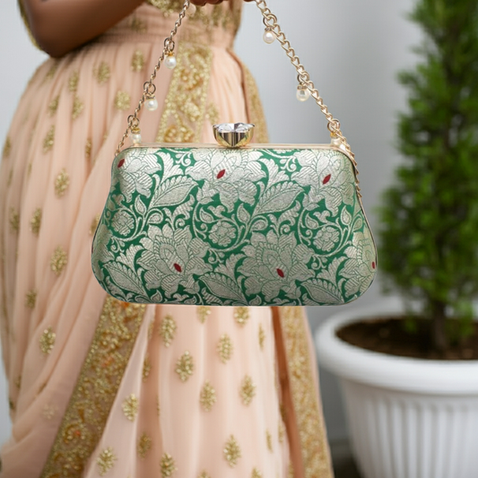 Banarasi Handcrafted Clutch – Elegant Festive Statement | Green