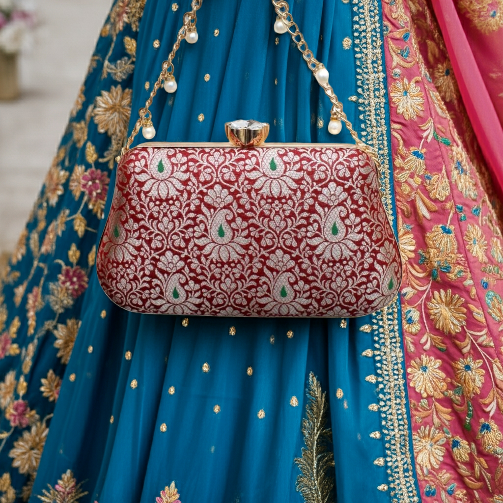 Banarasi Handcrafted Clutch – Elegant Festive Statement | Maroon