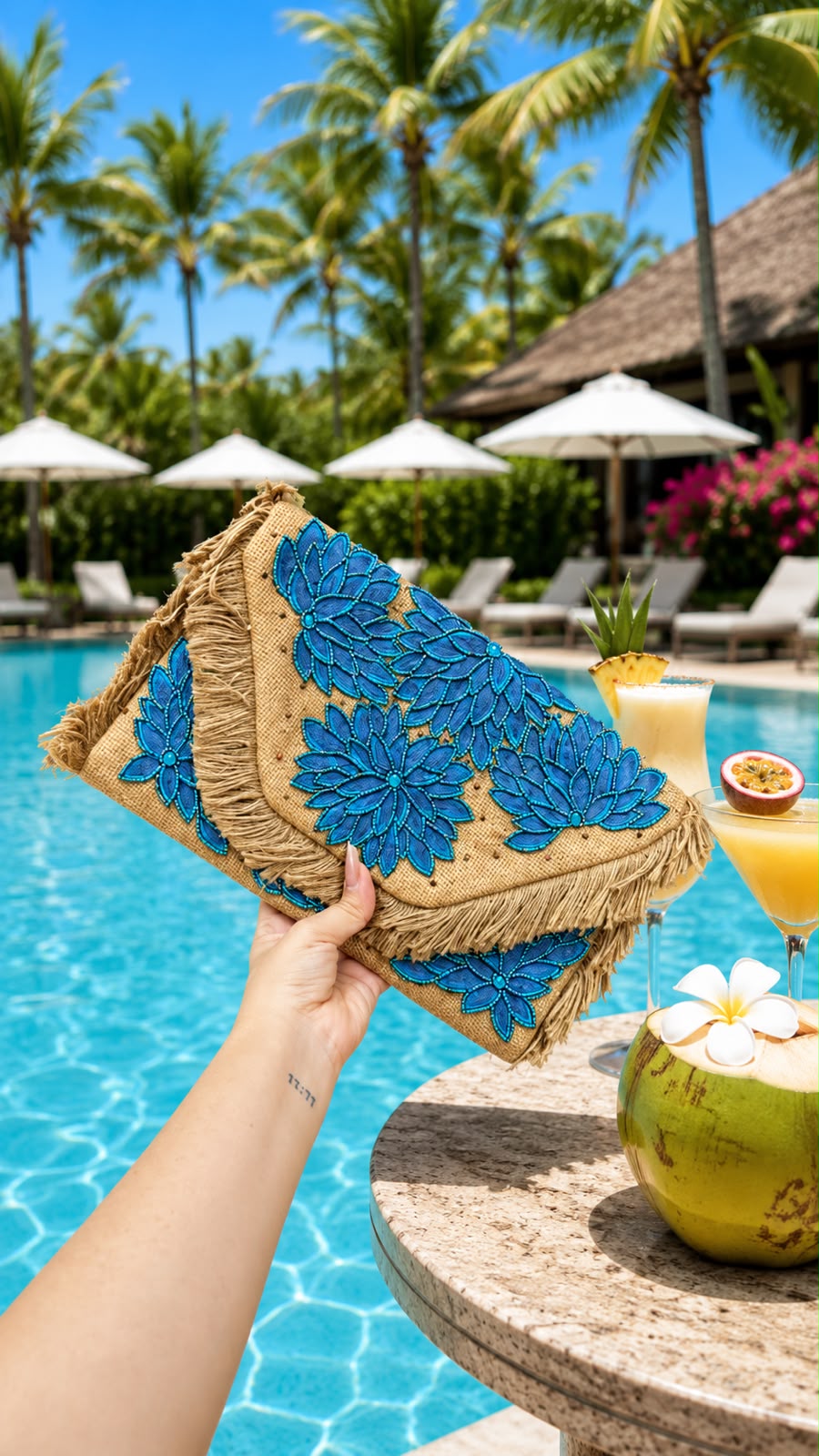 Blue beaded floral embroidered jute fringe clutch with straw trim, poolside lifestyle shot