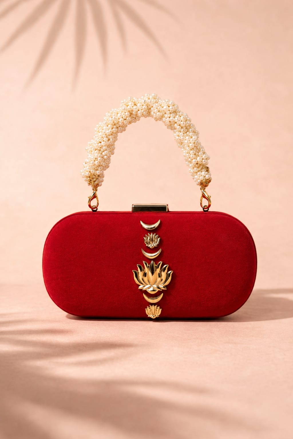 Red Lotus Suede Box Clutch with Kundan Embellishment