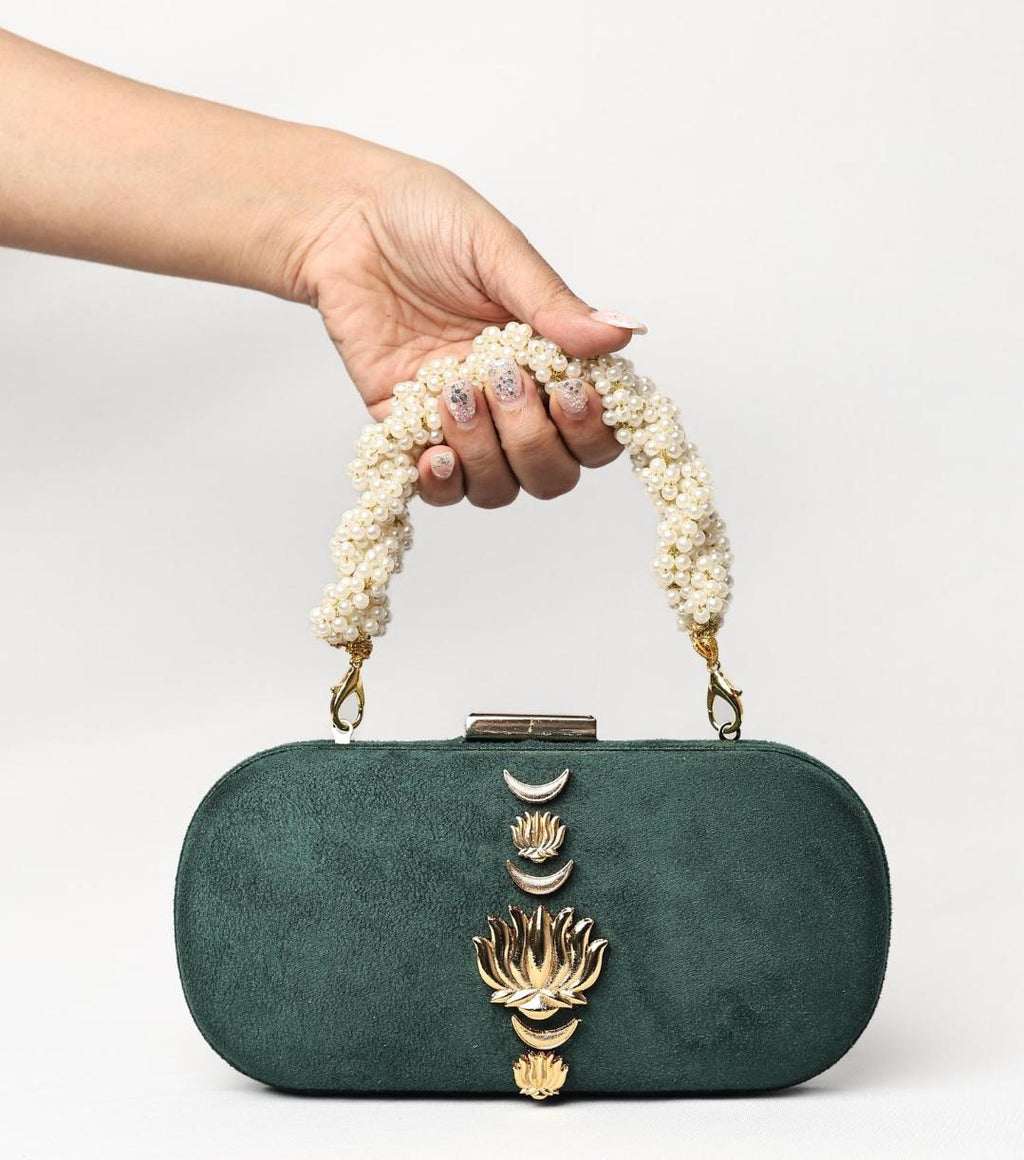 Dark Green Lotus Suede Box Clutch with Kundan Embellishment