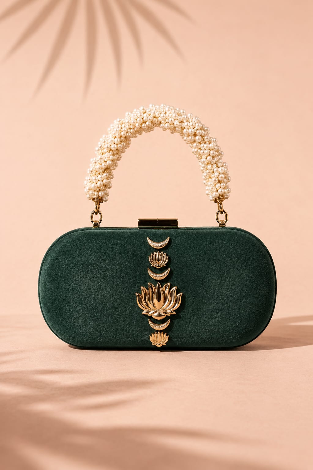 Dark Green Lotus Suede Box Clutch with Kundan Embellishment, product shot
