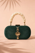 Dark Green Lotus Suede Box Clutch with Kundan Embellishment, product shot