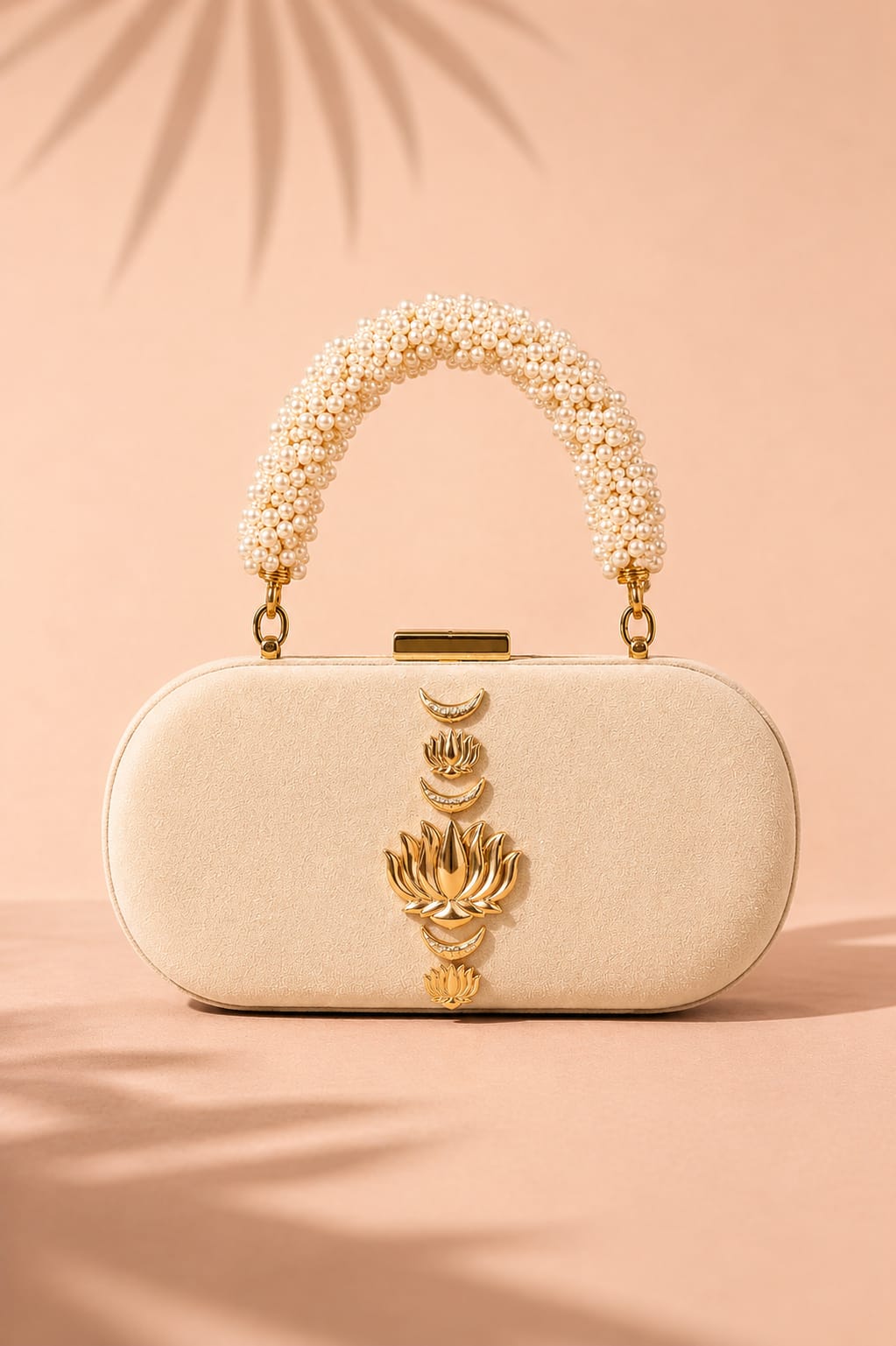Ivory Lotus Suede Box Clutch with Kundan Embellishment