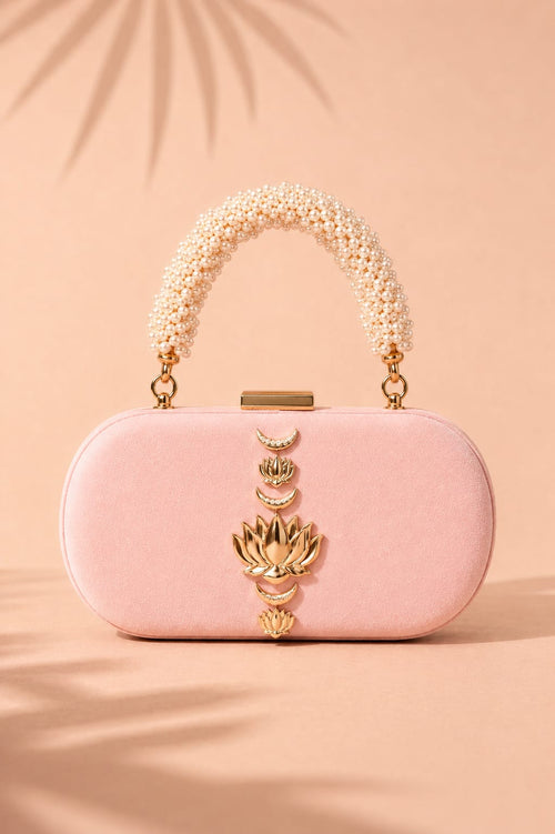 Pink Lotus Suede Box Clutch with Kundan Embellishment